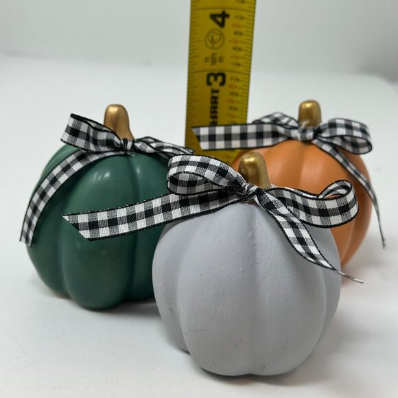 Mini Ceramic Pumpkins Set of 3 Orange Green Gray Hand Tied Bow Fall Decor Autumn - Picture 6 of 8